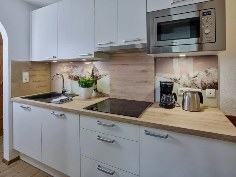 Küche mit Cerankochfeld und Mikrowelle im Appartement Brunnenkogel